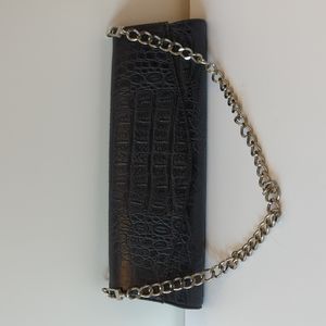 United Colors of Benetton black crocodile print clutch with metal strap
